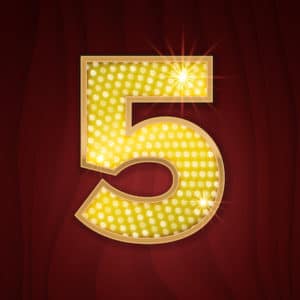 Gold light lamp bulb font number 5 Five. Sparkling glitter design in style of vegas casino, burlesque cabaret and broadway show decoration. Shining numbers symbols of alphabet set for light board