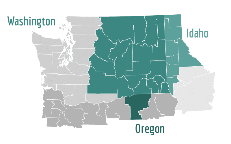 DeVries Service Area Map of Washington, Idaho and Oregon.