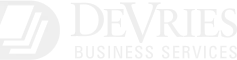 DeVries Business Services logo: Bold, all-caps name with three overlapping sheets in a circle icon to the left.