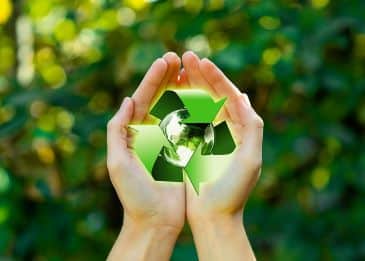 Hands are cupped under a recycle logo over green forest nature background.