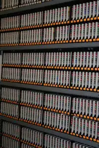 Shelves full of backup media stored in a media vault