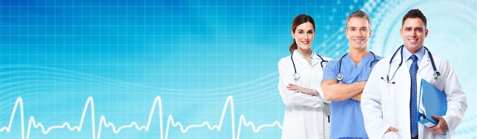 A group of medical professionals on a blue grid background with stylized EKG waveform