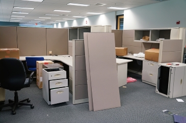 Office cubicles and furniture ready for reassembly during office move