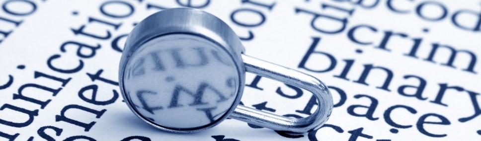 A close-up of a padlock on a piece of paper with various large words written on it, none of which are shown fully