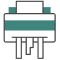 Icon of a paper shredder with sheets of paper being shredded, shown in blue and black lines.