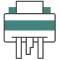 Icon of a paper shredder with sheets of paper being shredded, shown in blue and black lines.