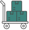 Illustration of a hand truck loaded with three teal boxes.