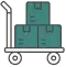 Illustration of a hand truck loaded with three teal boxes.