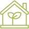 Illustration of a green house outline with a green plant inside.