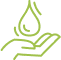 Illustration of a stylized green hand with a green water droplet above it.