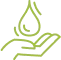 Illustration of a stylized green hand with a green water droplet above it.
