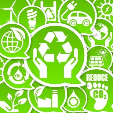 Bright green graphic showing various icons for eco-friendliness, including recycling symbol