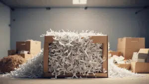 Cardboard box overflowing with shredded paper in a warehouse with other boxes in the background.