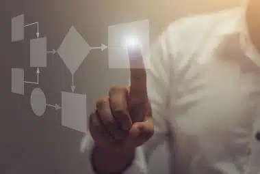 Business process and workflow automation with flowchart, businessman in background