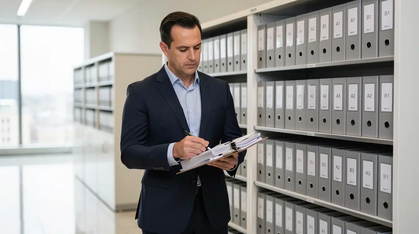 A business professional standing in an organized records room is holding a clipboard and checking an item off a list.
