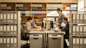 Team of four professionals reviewing documents at desks in an office lined with binders and file storage boxes.