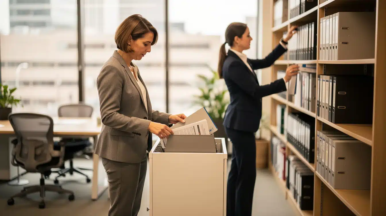 Two people in an office reviewing files, one retrieving a binder from a shelf and the other sorting documents in a filing cabinet