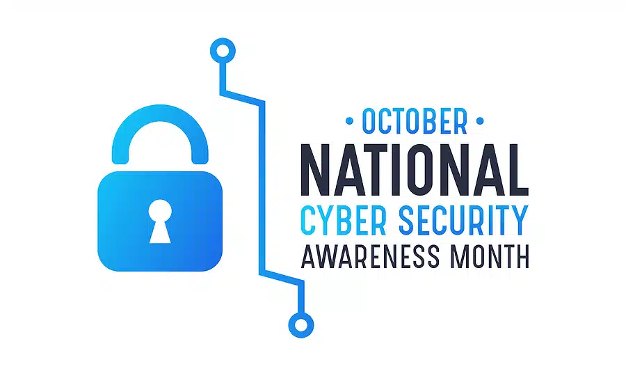 Blue padlock with circuit lines beside the text October National Cyber Security Awareness Month.