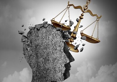 Litigation and lawsuit stress concept as a lawyer or attorney metaphor and plaintiff anxiety symbol as a law scale damaging a human icon as an impact due to legal issues of the courts or being sued and investigated as a 3D illustration.