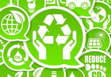 Bright green graphic showing various icons for eco-friendliness, including recycling symbol