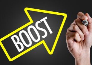 A hand is shown holding a marker next to the word BOOST inside of an upward arrow graphic.