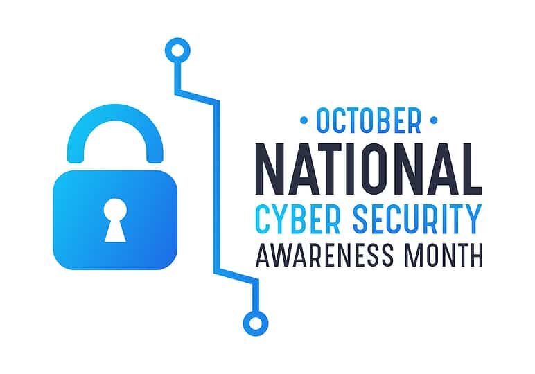 Blue padlock with circuit lines beside the text "October National Cyber Security Awareness Month"