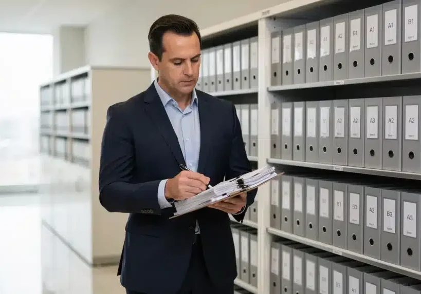 A business professional standing in an organized records room is holding a clipboard and checking an item off a list.